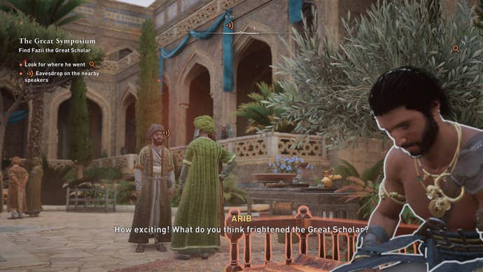 Basim blends in on a bench by some speakers in Assassin's Creed Mirage