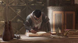 An NPC reads a book on a desk in one of the Hidden Ones Bureaus in Assassin's Creed Mirage