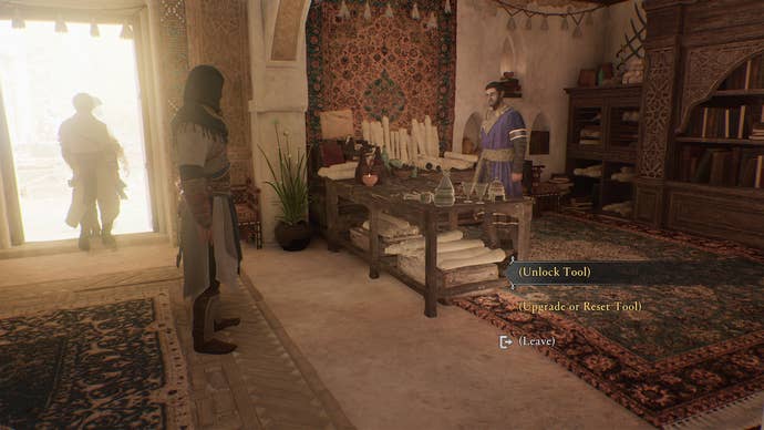 Basim speaks with an NPC about upgrading tools in a Hidden Ones Bureau in Assassin's Creed Mirage