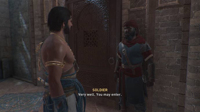 Basim speaks with a guard for the Treasurer in the Bazaar in Assassin's Creed Mirage