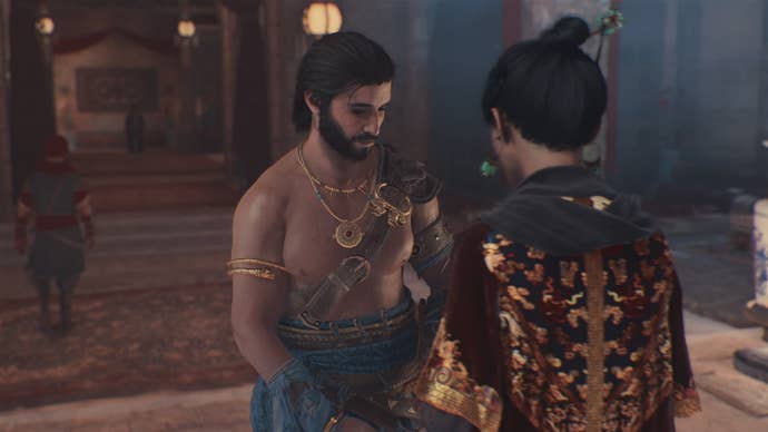Basim speaks privately with the Treasurer in her chamber in the Bazaar in Assassin's Creed Mirage