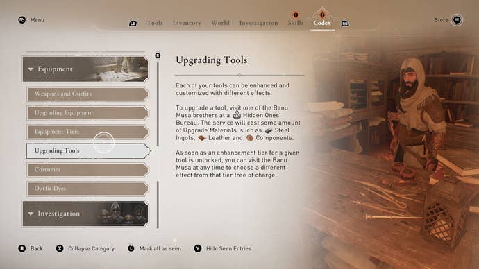 The explainer screen for upgrading tools in Assassin's Creed Mirage, which details that tools must be upgraded at a Hidden Ones Bureau with resources
