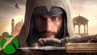 Assassin's Creed Mirage promo showing a male assassin with his hidden blade out and an Xbox logo in the lower left corner
