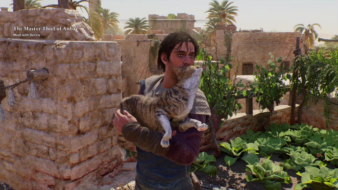 A young Basim holds a large cat in Assassin's Creed Mirage