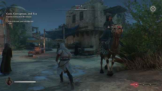 The player runs past a camel at night with the button prompt to 'Hijack' it in Assassin's Creed Mirage