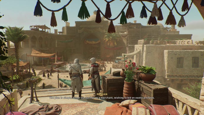Two assassins talk in front of a large auction house in Assassin's Creed Mirage