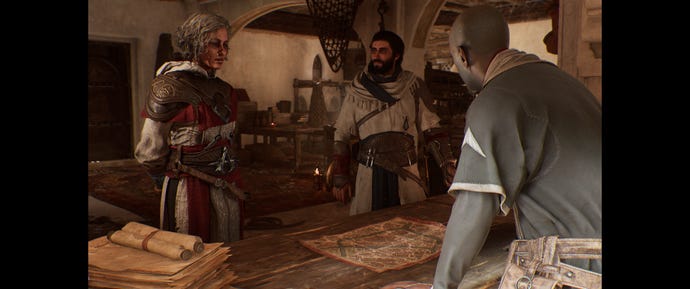 An Assassin's Creed Mirage cutscene in ultrawide resolution, showing vertical black bars.