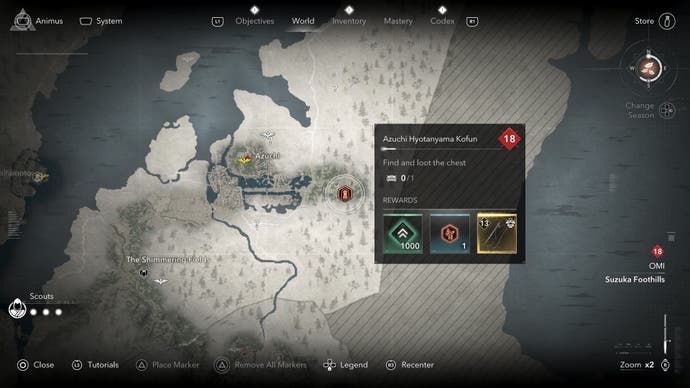 Cartographic view of the location of Azuchi Kyotanyama Kofun in Assassin's Creed Shadows.