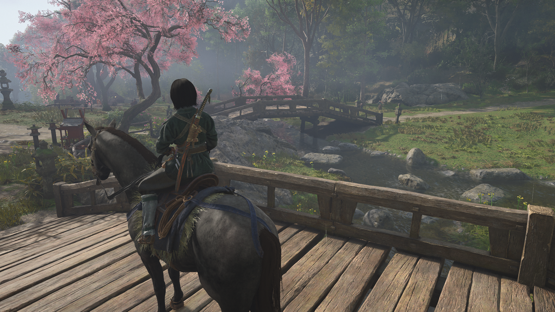 Naoe sat atop her horse in Assassin's Creed Shadows, with graphics set to Low.
