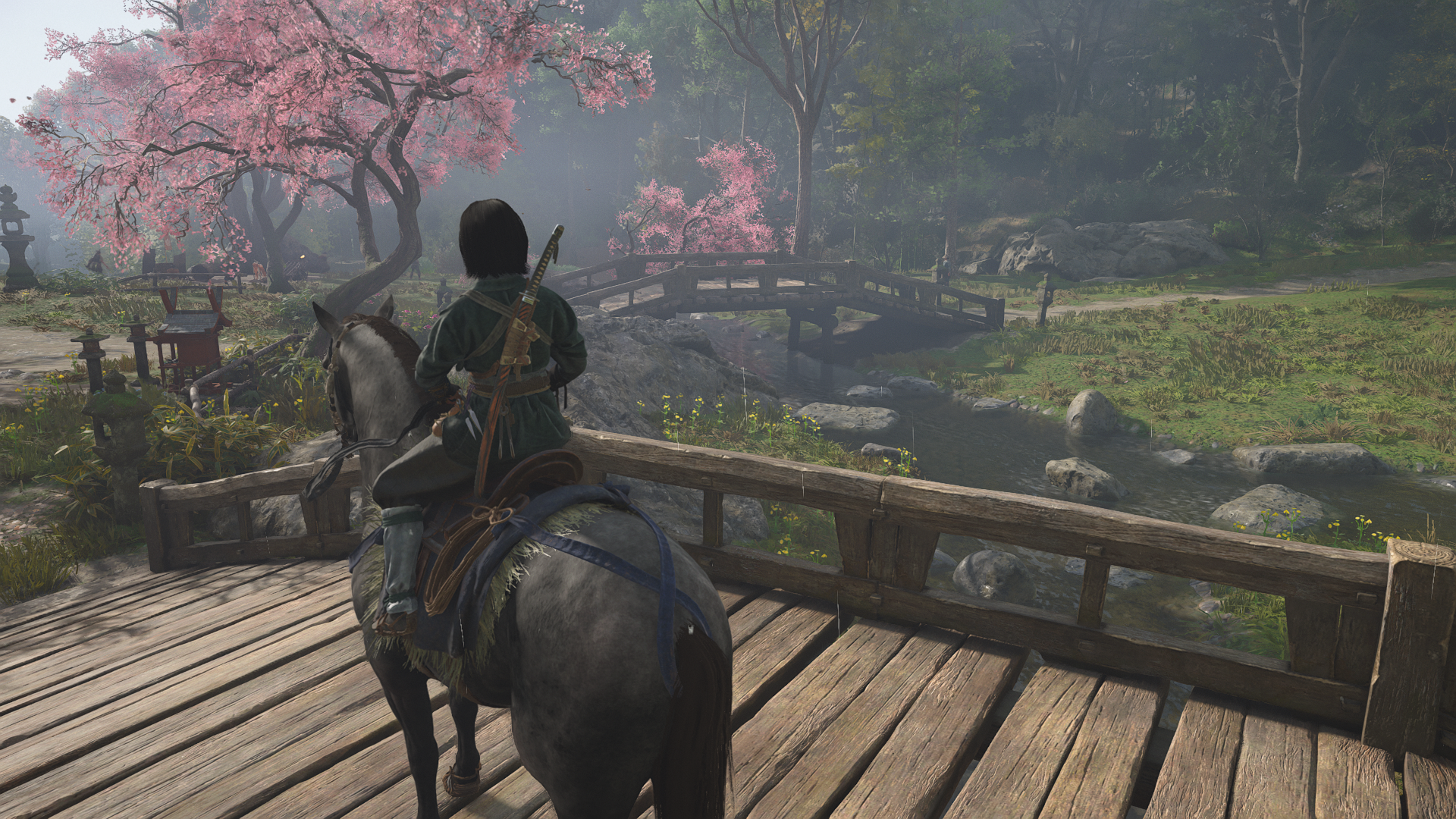 Naoe sat atop her horse in Assassin's Creed Shadows, with graphics set to Medium.