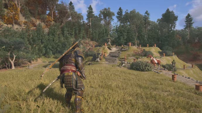 Yasuke vor der Megalithischen Schatzkammer im Assassin's Creed Shadows.