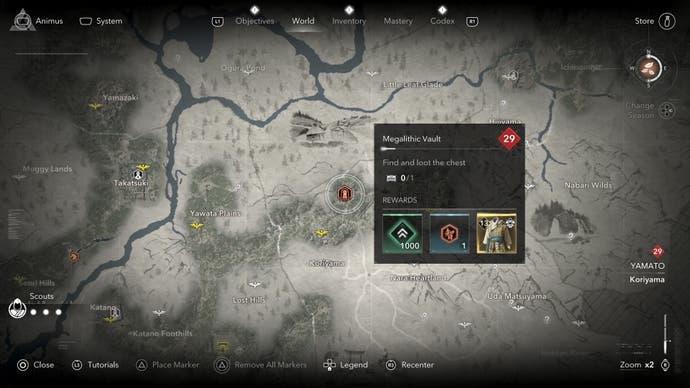 Cartographic view of the location of Kofun Vault Kofun megalithic in Assassin's Creed Shadows.