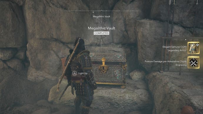 Yasuke opening the legendary chest inside the Kofun megalithic vault in the shadows of Creed of Assassin.