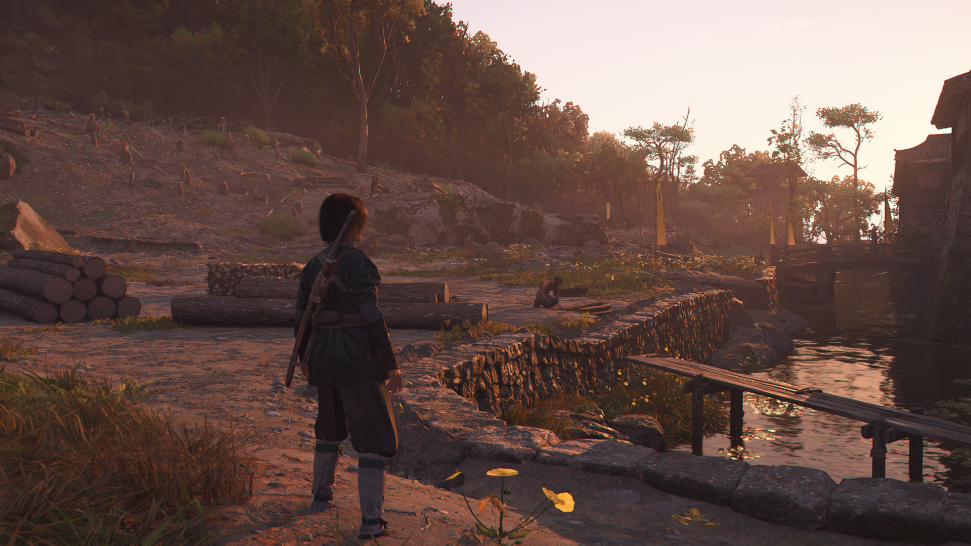 Outside a castle in Assassin's Creed Shadows with raytraced global illumination set to Diffuse + Specular Everywhere.