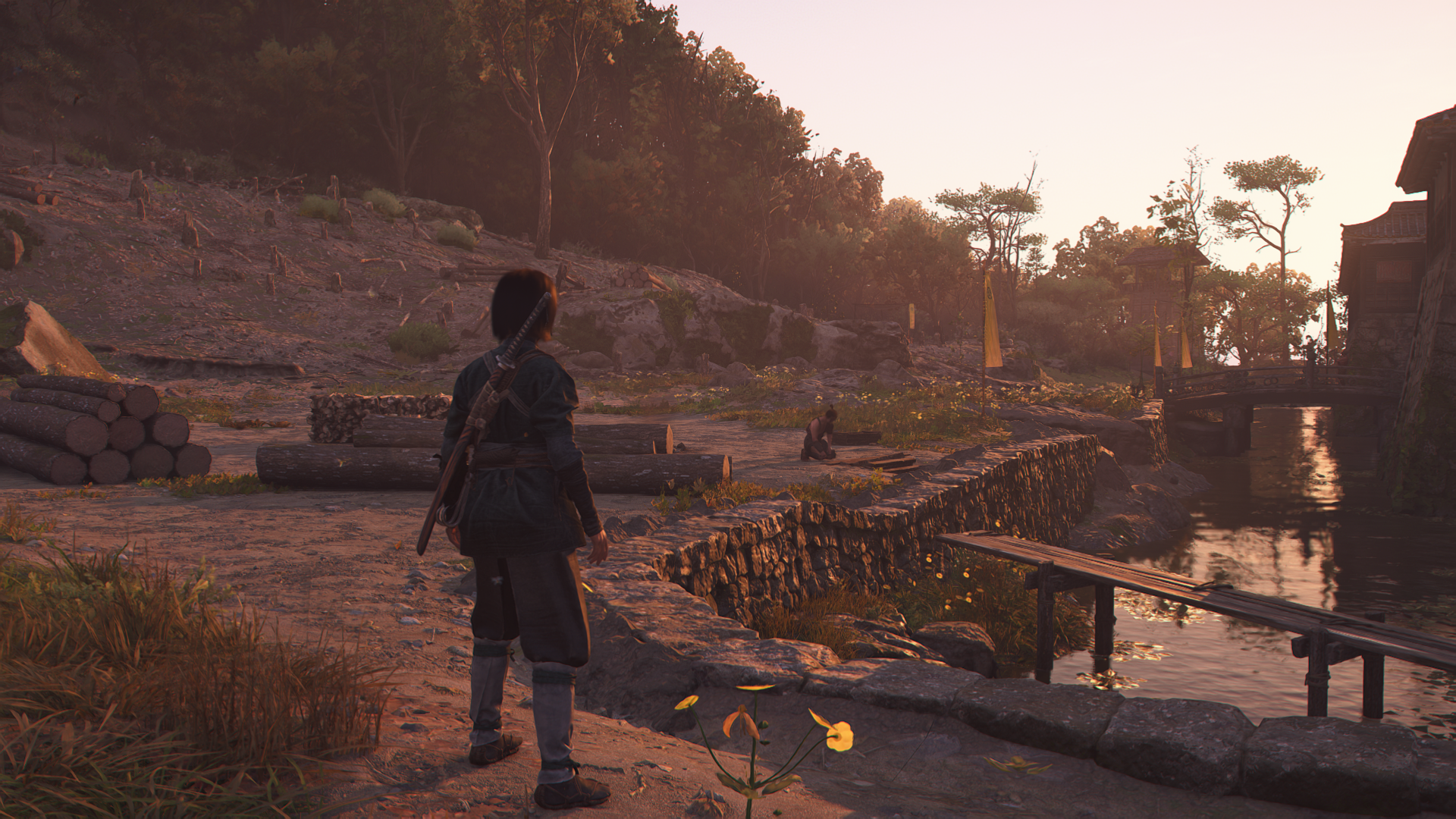 Outside a castle in Assassin's Creed Shadows with raytraced global illumination set to Diffuse Everywhere.