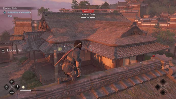 Naoe looking at the building containing Sato Katsubei in Assassin's Creed Shadows.