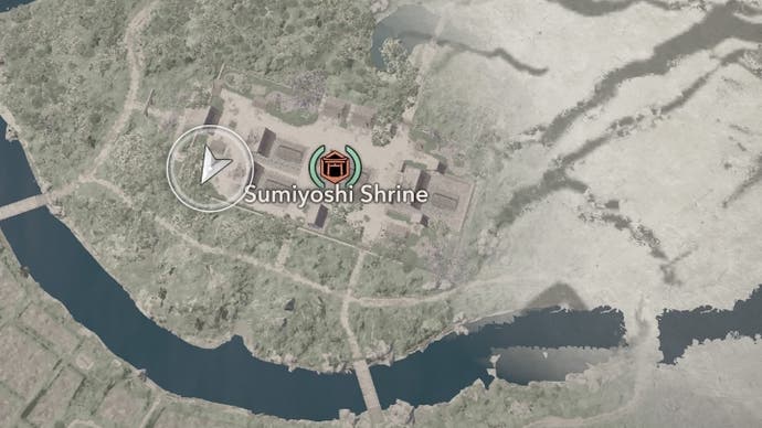 Map View of a prayer location at the Sumiyoshi sanctuary in Assassin's Creed Shadows.