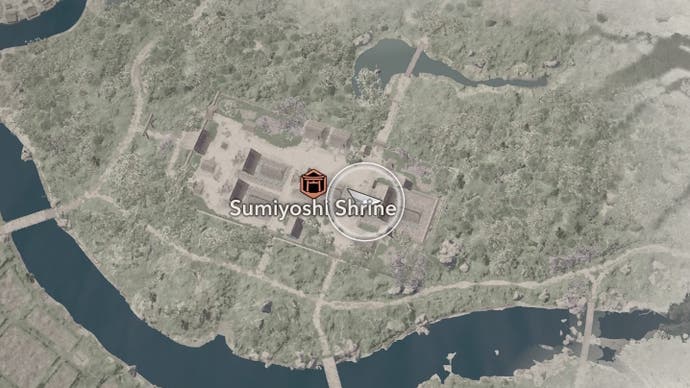 Map View of a prayer location at the Sumiyoshi sanctuary in Assassin's Creed Shadows.