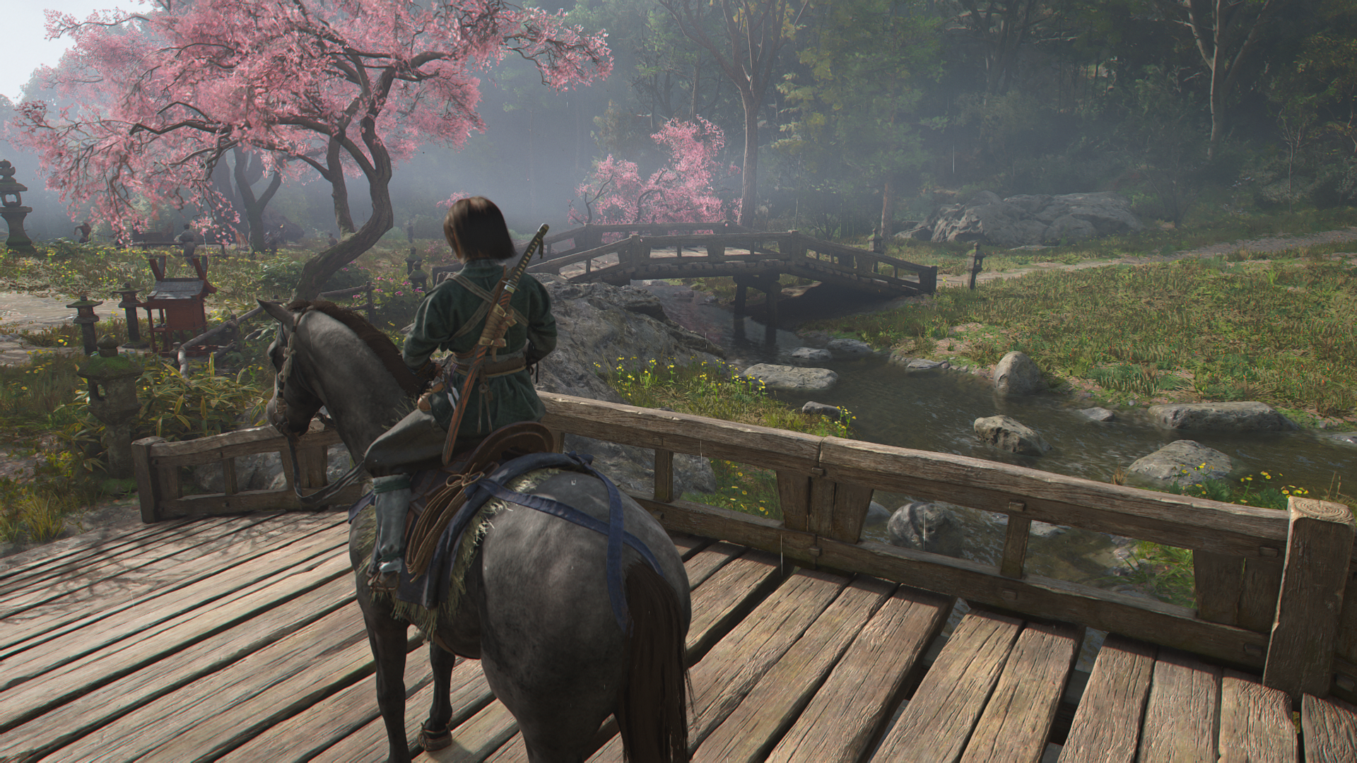 Naoe sat atop her horse in Assassin's Creed Shadows, with graphics set to Very High.