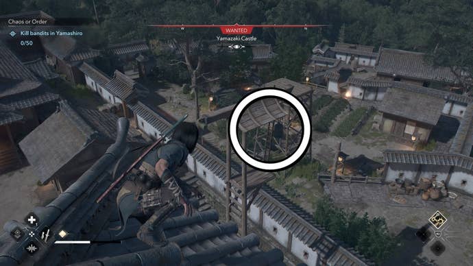 White circle showing an alarm at Yamazaki Castle in Assassin's Creed Shadows.