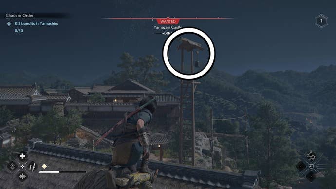 White circle showing an alarm at Yamazaki Castle in Assassin's Creed Shadows.
