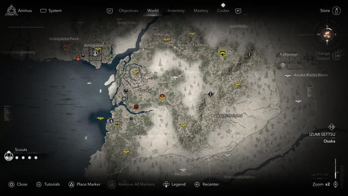 AC Shadows screenshot showing a map full of question marks and icons