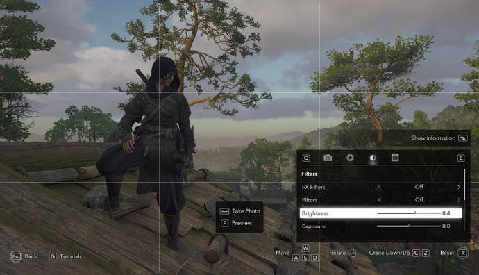 Photo mode in Assassin's Creed Shadows, showing various options for adjusting the brightness and exposure of a shot of Naoe standing on a roof.