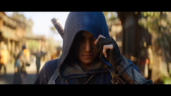 Assassin's Creed Shadows screenshot showing Naoe lowering her Assassin hood.
