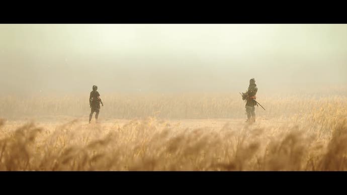 Capture d'écran d'Assassin's Creed Shadows montrant Yasuke et Naoe dans un champ de blé.