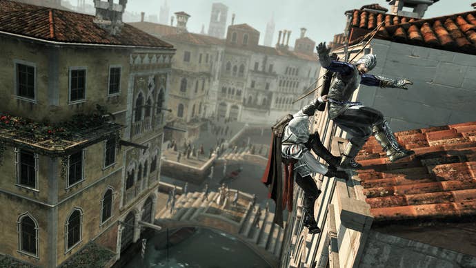 Ezio pulls an enemy off a roof, surely to his death, in Assassin’s Creed 2