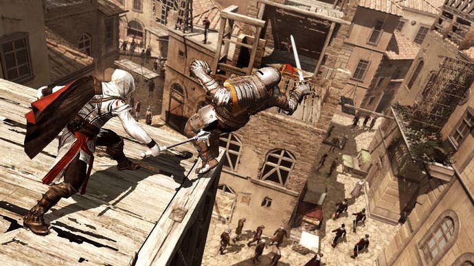 Ezio knocks an enemy off a roof, surely to his death, in Assassin’s Creed 2