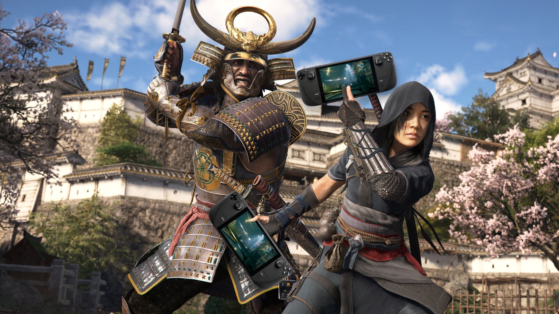 The heroes of Assassin&rsquo;s Creed Shadows, with shoddy editing to put a Steam Deck in each of Naoe&rsquo;s hands.