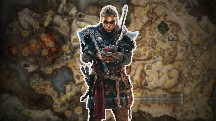 Eivor (female) from Assassin’s Creed Valhalla stands in the middle of the Elden Ring map.