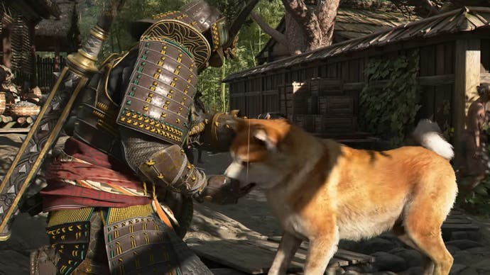 Captura de pantalla del juego Assassins Creed Shadows que muestra a Yasuke acariciando a un perro