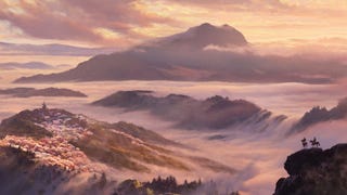 Massive picture of misty hills and mountain clouds, all with a sunset pink hue, for Assassin's Creed Shadows.