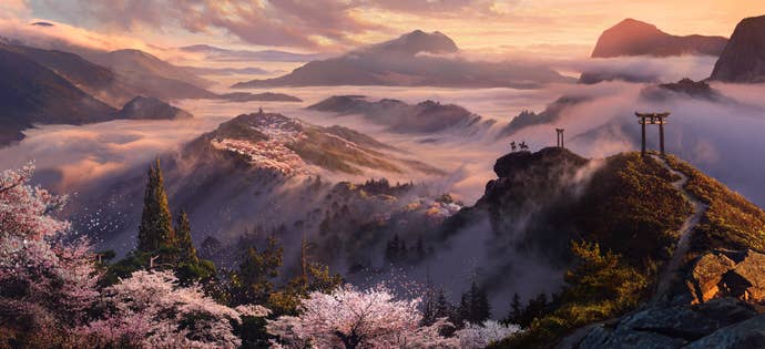 Concept art for Assassin’s Creed Shadows; set in 16thC Japan, lots of mountains, sakura blossom, and clouds.