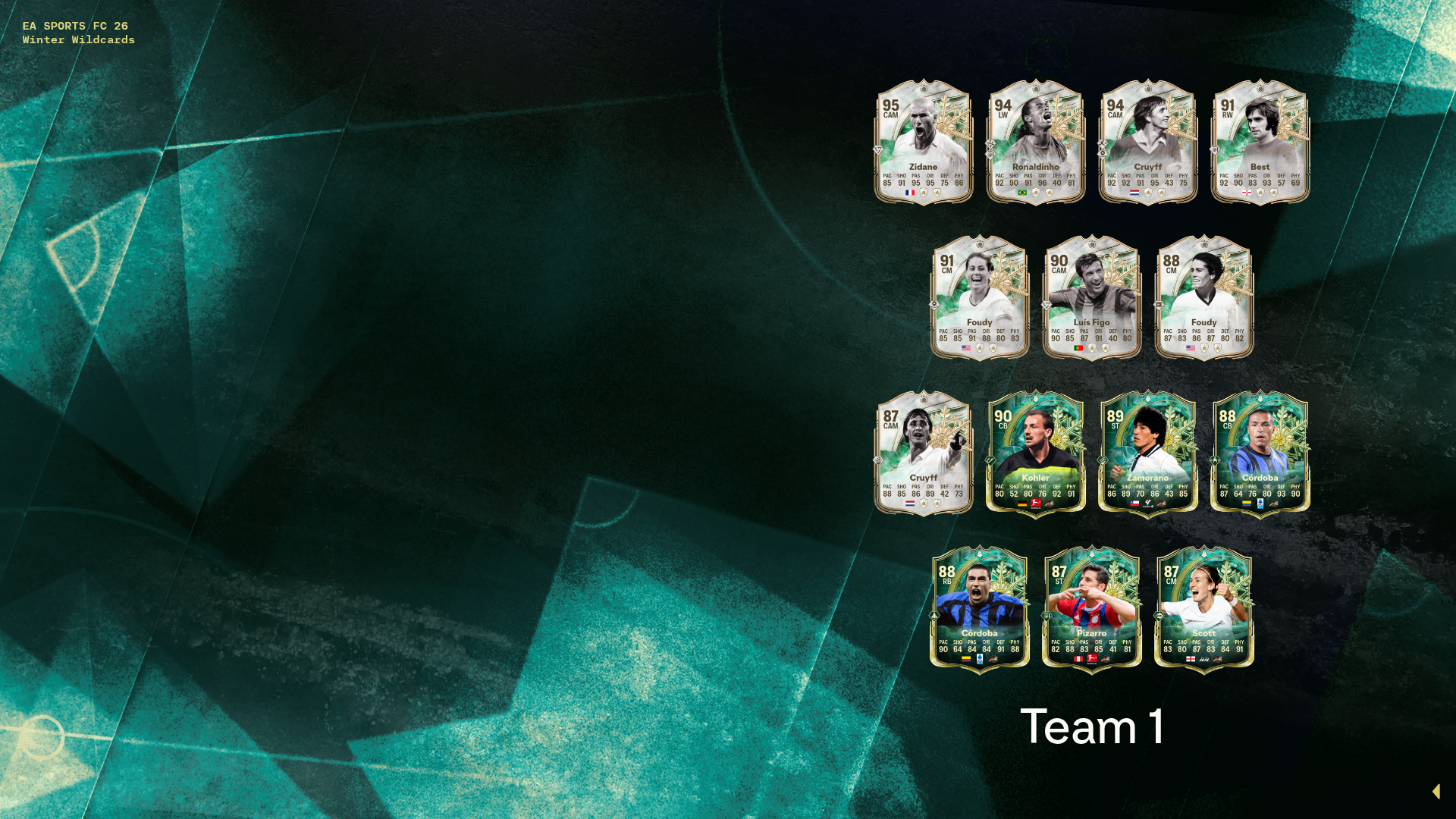 14 Icons and Heroes from Team 1 of FC 26's Winter Wildcards promo, including Johan Cruyff and Ronaldinho.