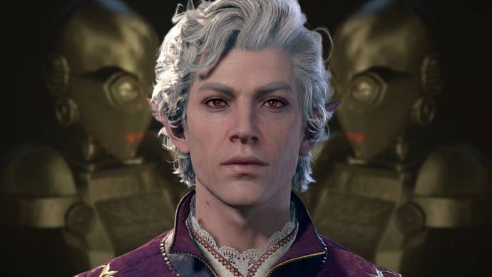 Baldur’s Gate 3’s Astarion standing in from of Fallout: London’s Barry The Boat.