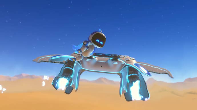 Screenshot from Astro Bot trailer showing cute robot flying on a controller-shaped ship