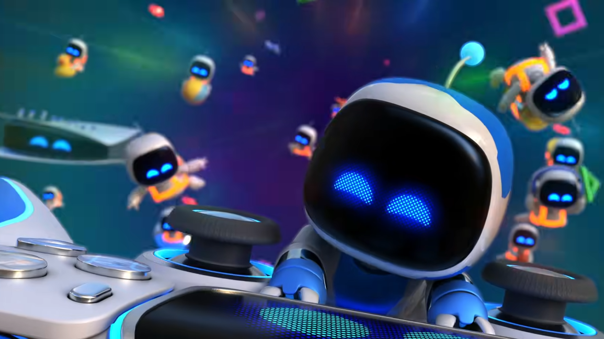 Astro Bot trailer screenshot showing cute robot riding a PS5 controller through space