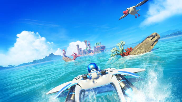 Official Astro Bot screenshot showing Astro riding a DualSense controller skimming the waves of a watery planet