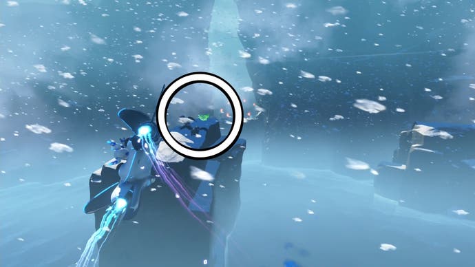 A circle showing the location of a green raven in Astro Bot.