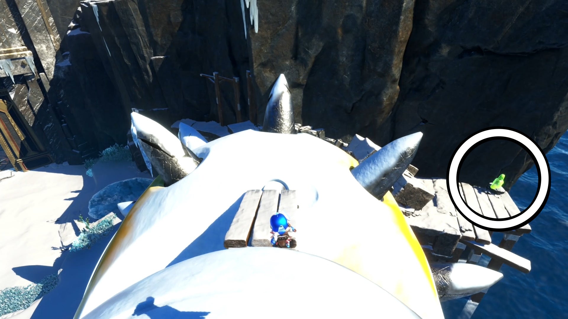 A circle showing a green Raven location in Astro Bot.