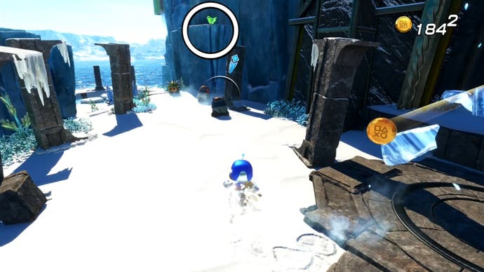 A circle showing the location of a green raven in Astro Bot.