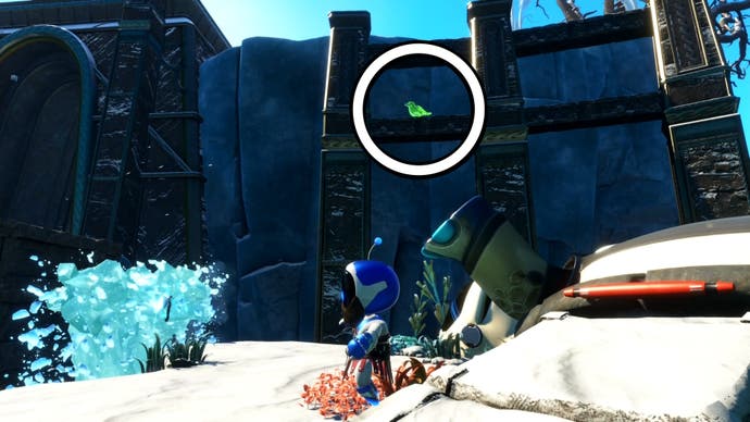 A circle showing the location of a green raven in Astro Bot.