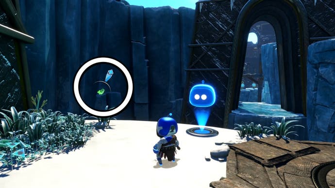 A circle showing the location of a green raven in Astro Bot.