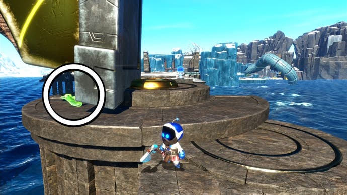 A circle showing the location of a green raven in Astro Bot.