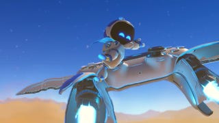 Astro Bot trailer grab showing Astro zooming off on a DualSense controller