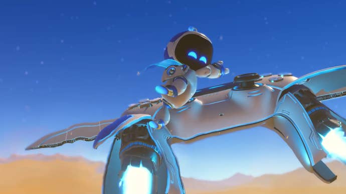 Astro Bot trailer grab showing Astro zooming off on a DualSense controller