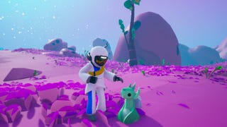 Helmeted astronaut reacts toward a cute green alien pet in a screenshot from Astroneer